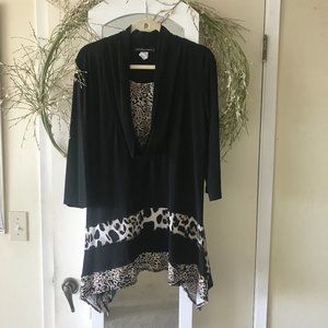 Black Animal Print Cowl Neck Shark Bite Hem Tunic Top 3/4 Sleeve Size 1X (1003)